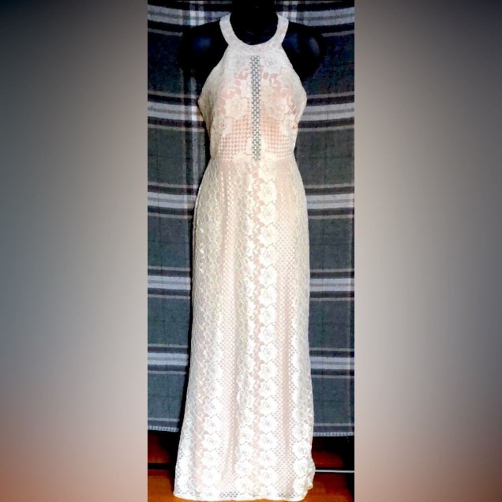 2 / $20 Nightway Women’s  floral lace gown in ivory with gold speckles / thread